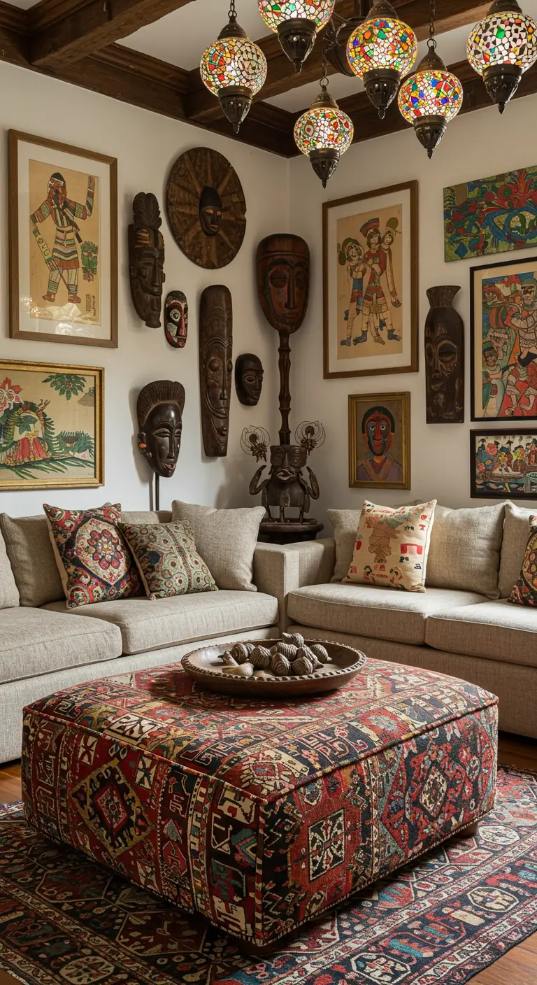 Globally-inspired living room with tribal masks and art on the wall and a large patterned ottoman.