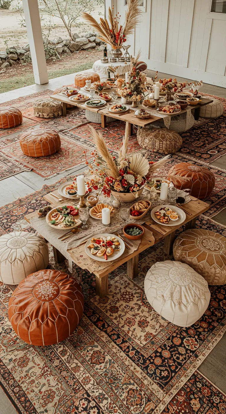 An outdoor porch setup with layered rugs, low tables, and leather poufs for a communal meal.