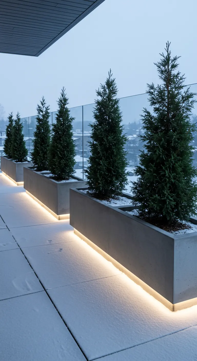 Long, modern concrete planters lit from underneath with a warm LED glow on a snowy terrace.
