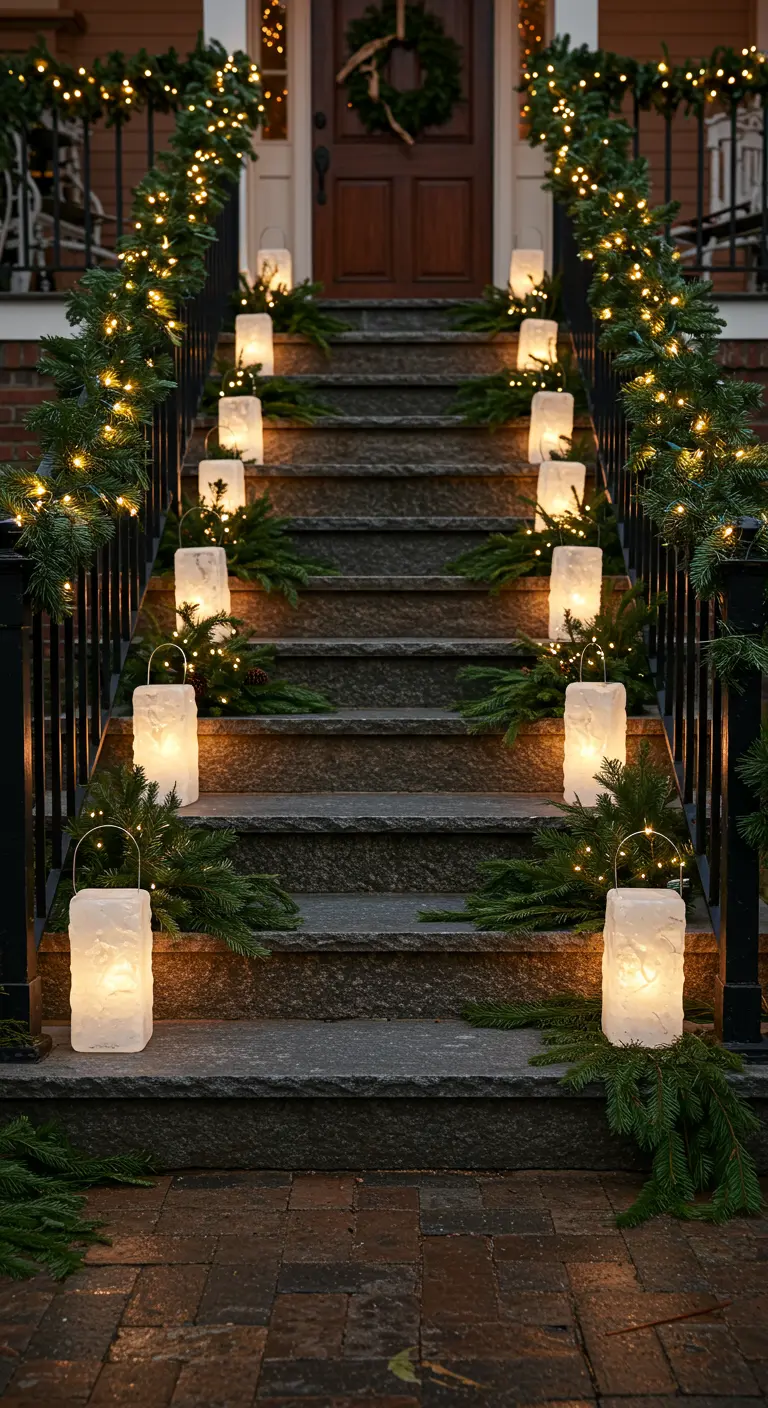 Stone steps leading to a front door, lined with glowing ice lanterns and evergreen garlands.