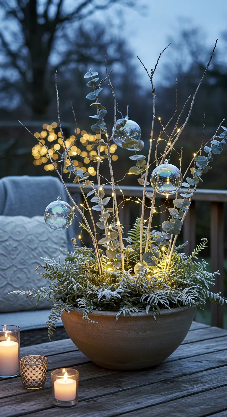A bowl with ferns, branches, fairy lights, and hanging glass baubles.