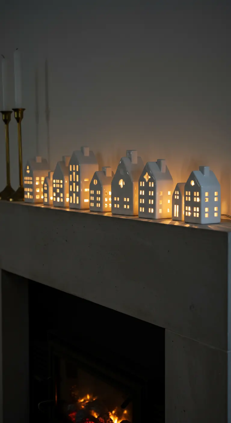 A row of white ceramic houses lit from within, sitting on a concrete fireplace mantel.