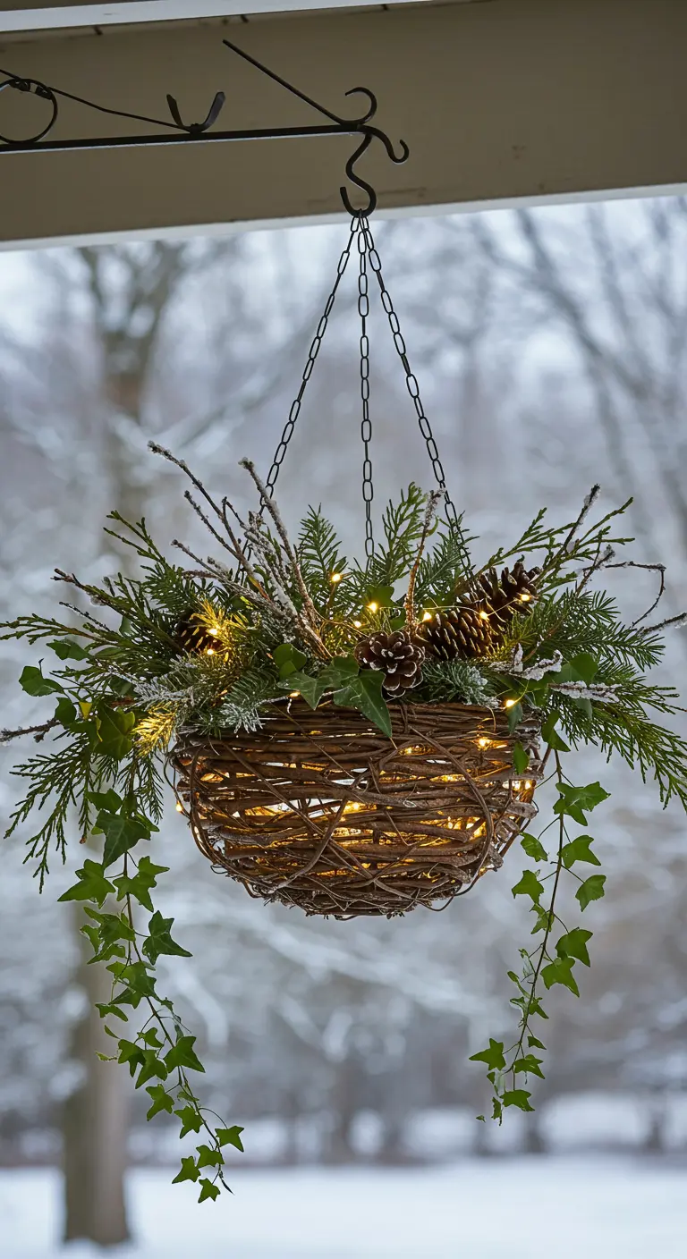 A hanging basket filled with evergreens, twigs, and lights, with ivy trailing down.