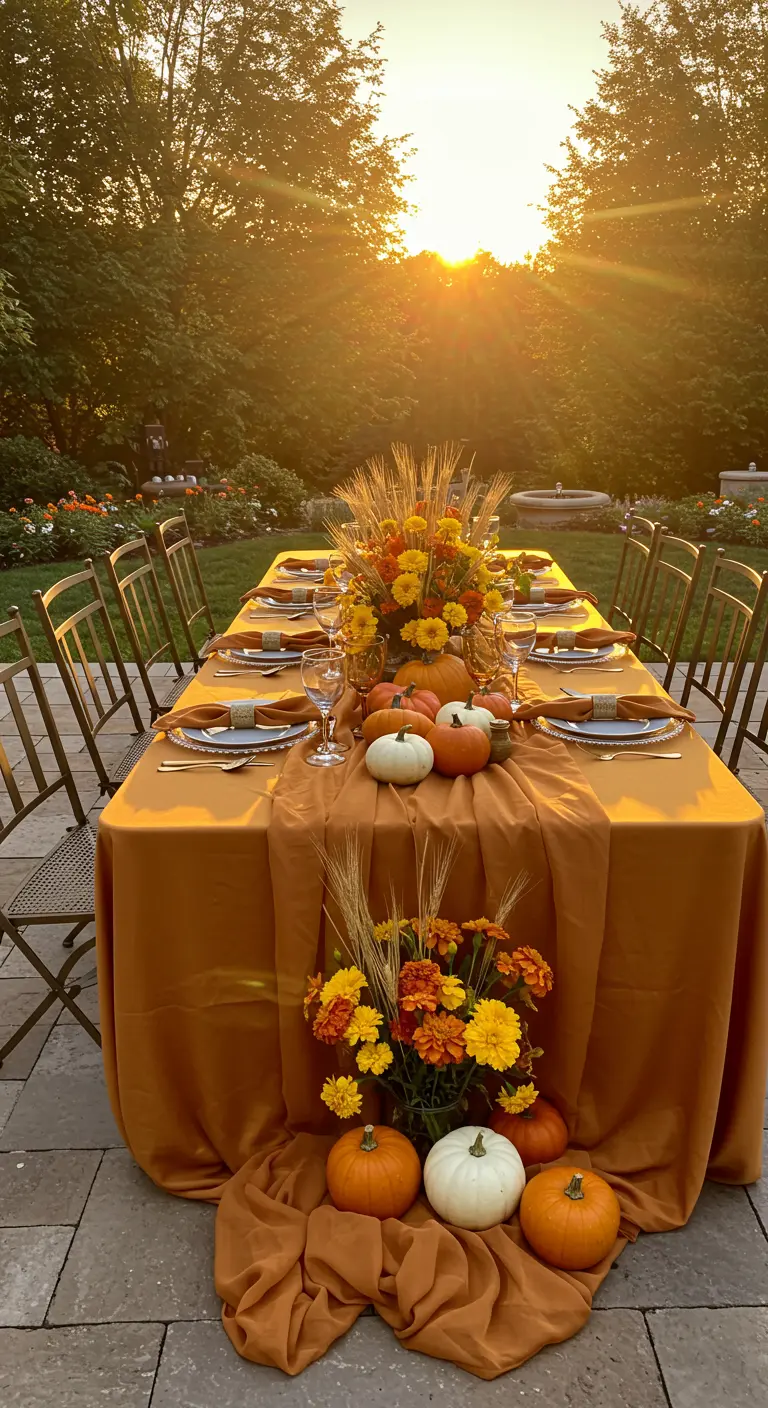 An outdoor Thanksgiving table set with a golden-yellow tablecloth, illuminated by the setting sun.