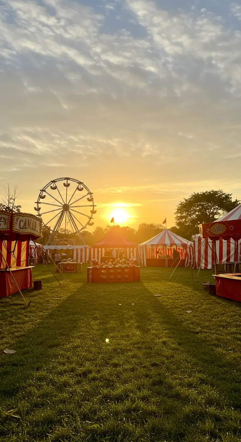 A carnival scene with tents and a Ferris wheel during a golden sunset.