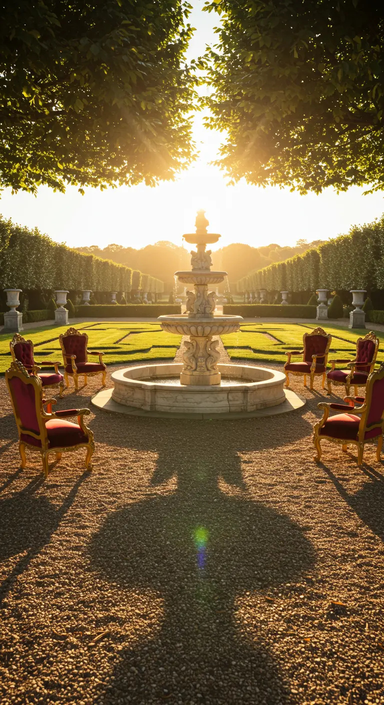 Ornate red and gold chairs circle a marble fountain in a formal garden at sunset.