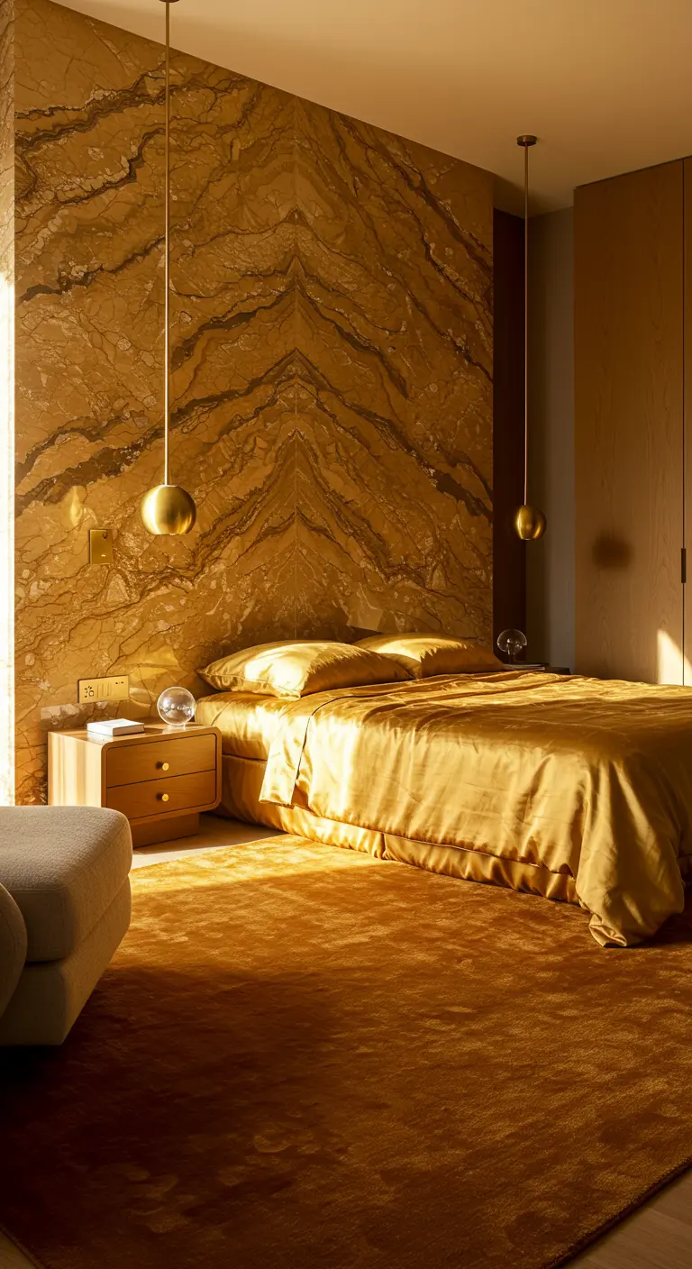 A bedroom drenched in warm, golden light with a golden-toned marble wall and matching satin bedding.