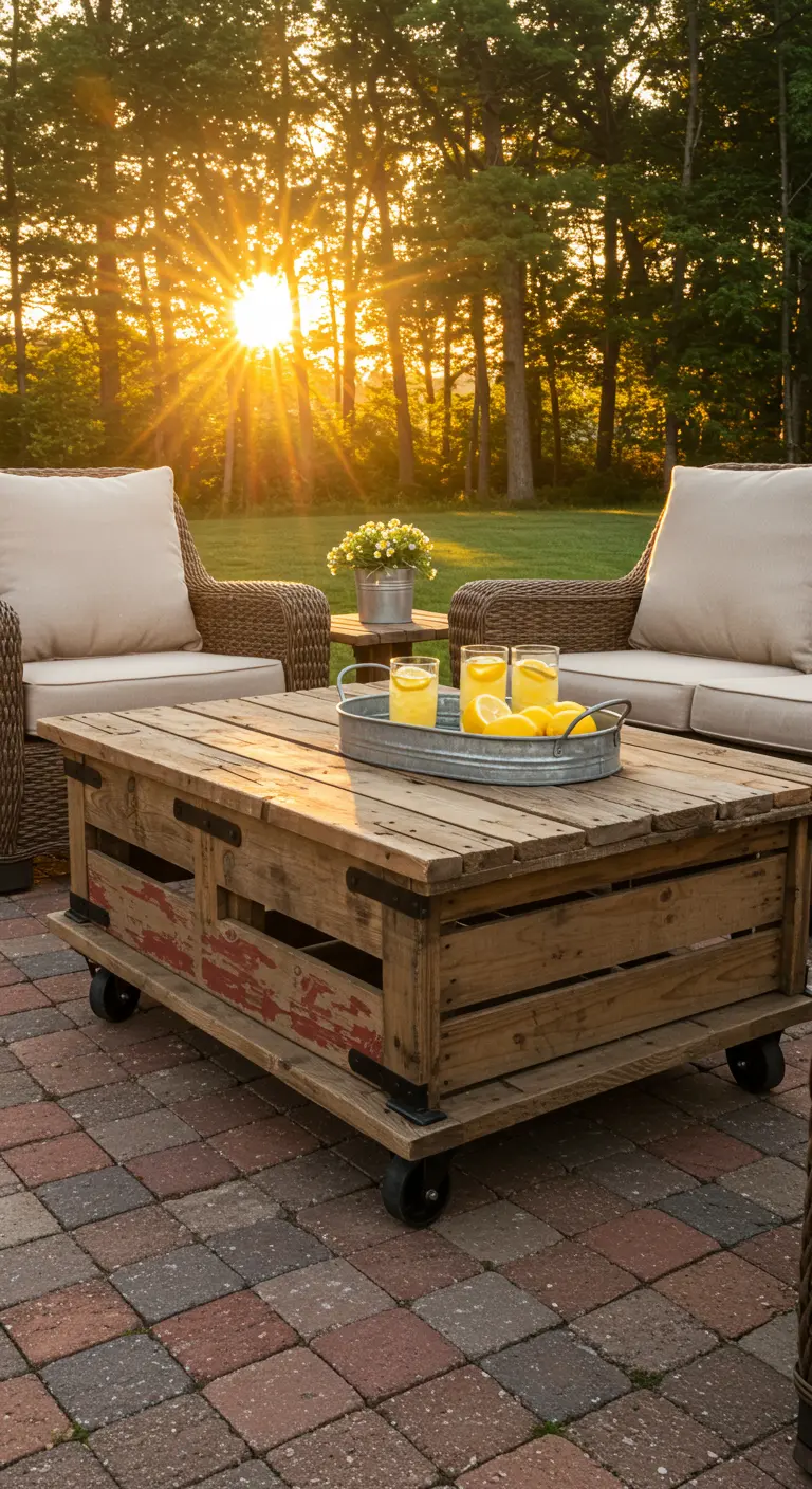 Rustic wooden crate coffee table on wheels on a brick patio at sunset.