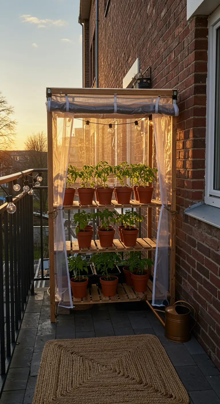 A wooden balcony greenhouse with tomato seedlings, lit by warm string lights at sunset.