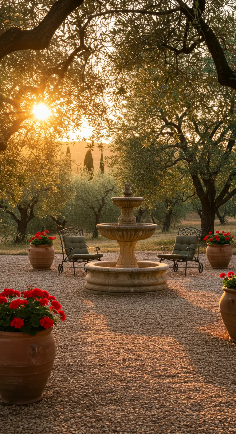 A tiered stone fountain in an olive grove at sunset, with red flowers in pots.