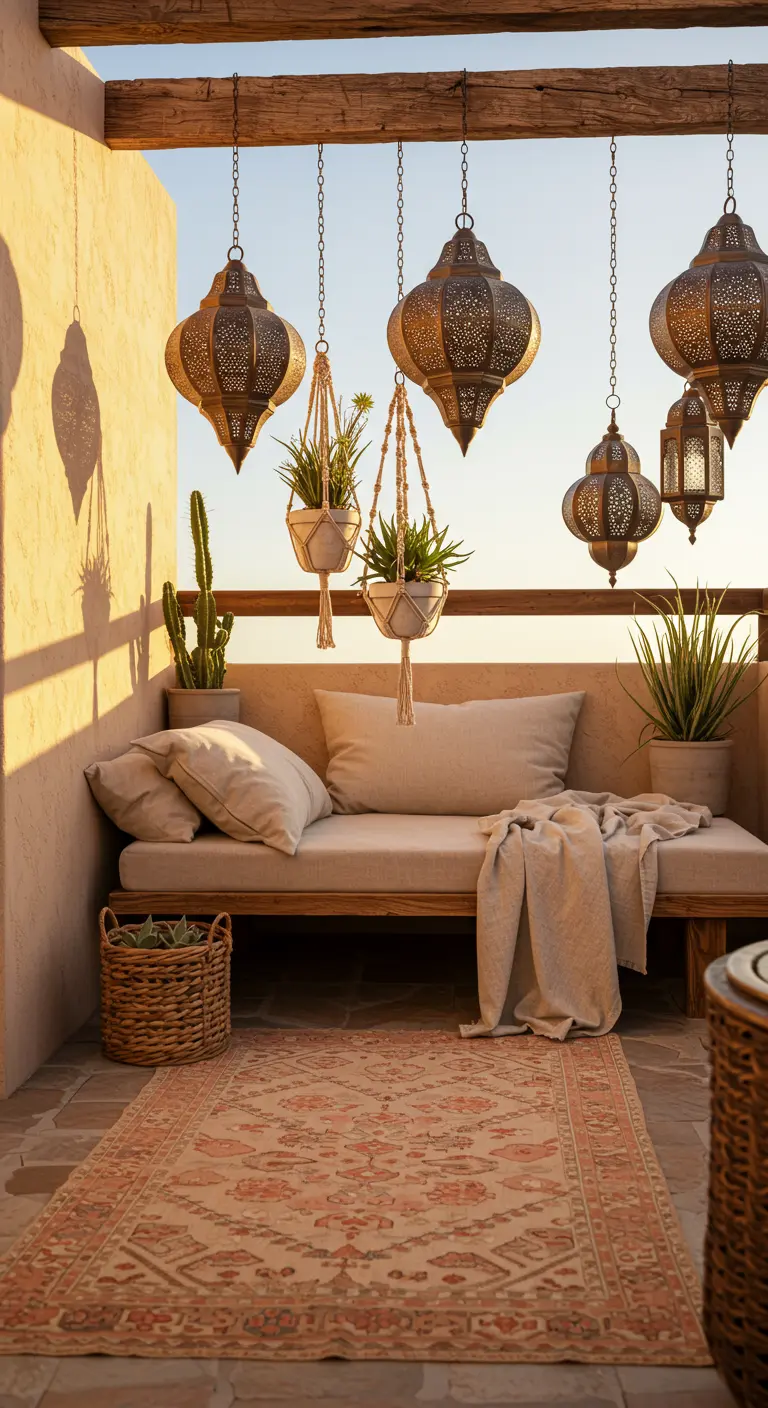 A balcony at sunset with hanging brass lanterns over a simple daybed and woven baskets.