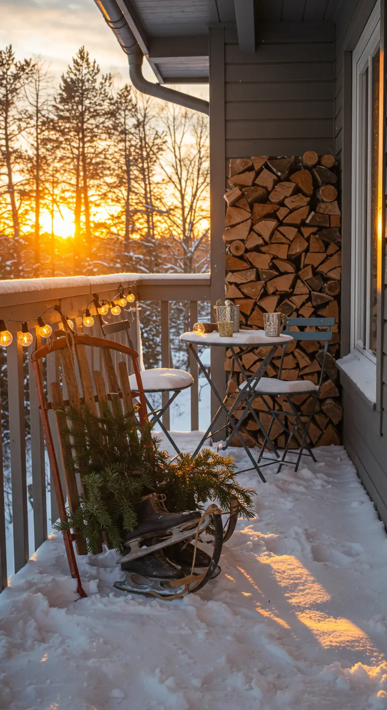 Snowy balcony at sunset with a sled holding ice skates and a small bistro set.