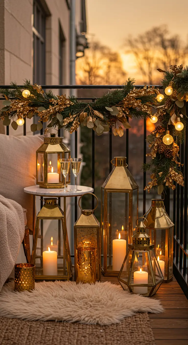 A cozy balcony at sunset with gold lanterns, a sheepskin rug, and champagne glasses.