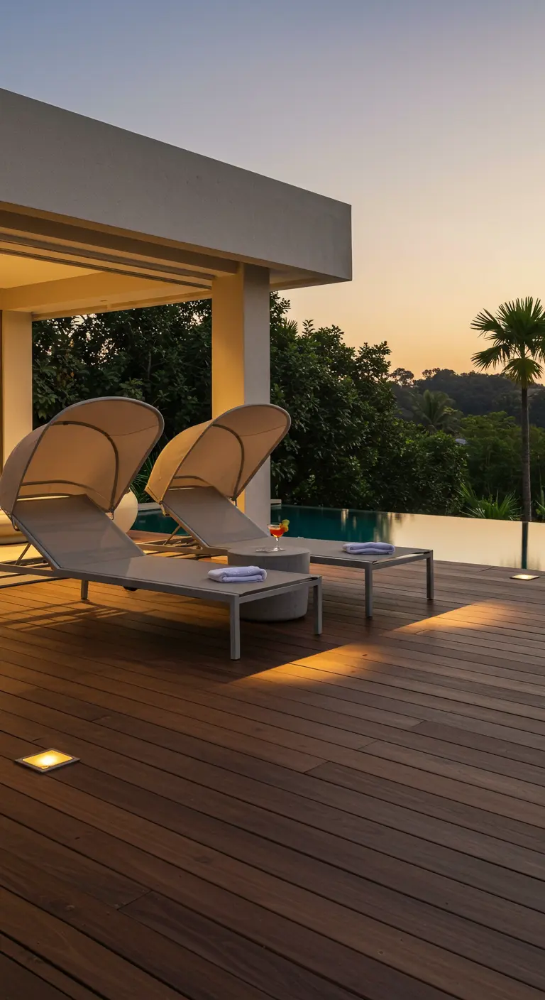 Two modern sunbeds with canopies on a wooden deck with recessed solar lights at sunset.