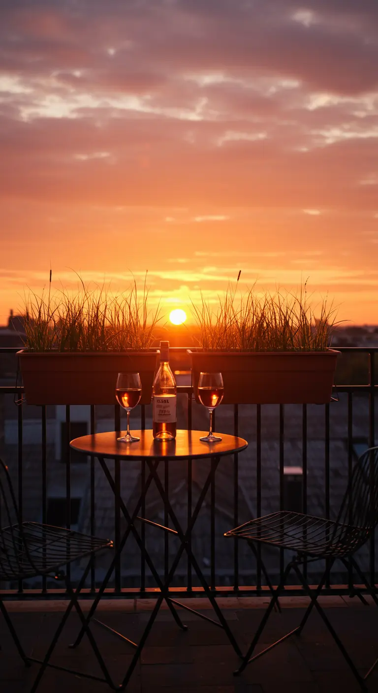 A balcony at sunset with ornamental grasses in a planter, silhouetted against the golden sky.