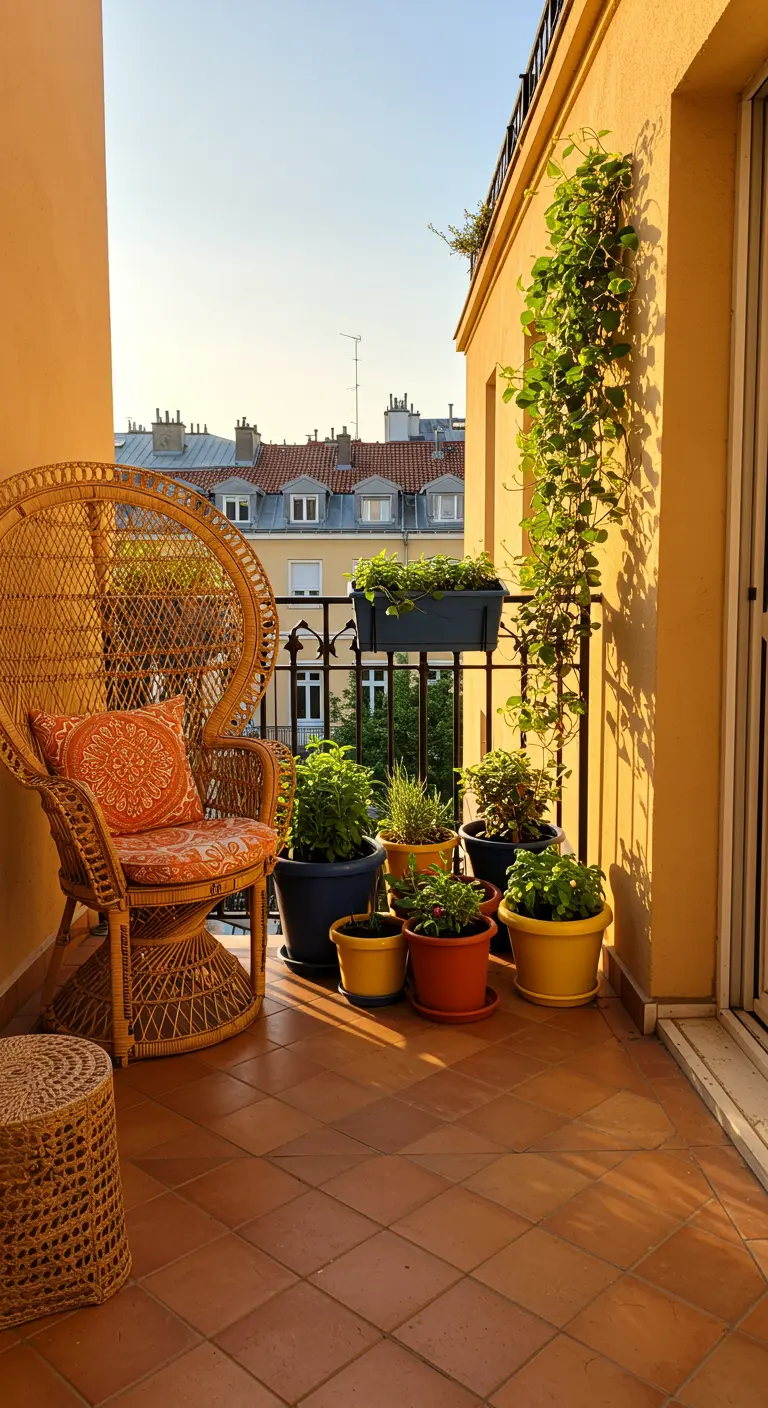 Sunlit balcony with a wicker peacock chair, colorful pots of herbs, and a climbing vine.