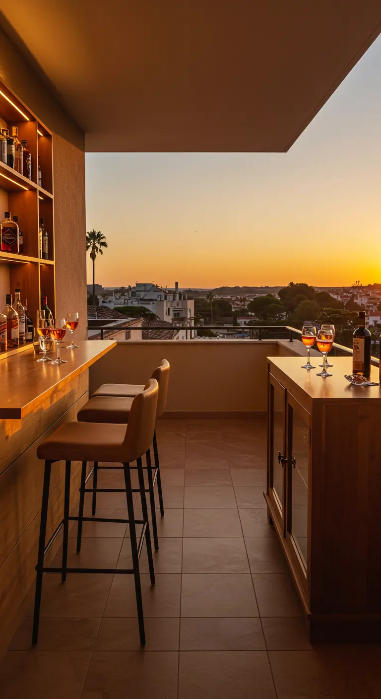 A warm wood balcony bar with two leather stools perfectly positioned for a sunset view.