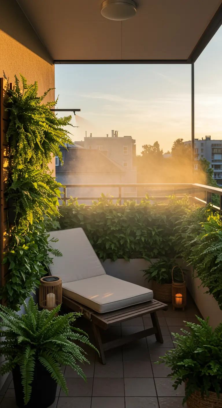 Balcony with a lounger and ferns enveloped in a golden mist at sunset.