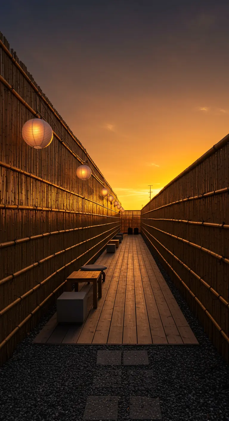 Narrow walkway between two bamboo fences, lit by paper lanterns at sunset.
