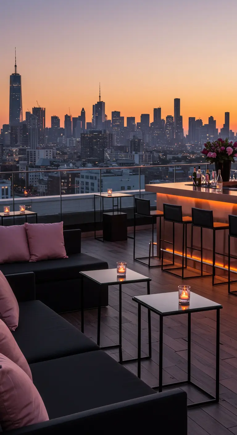 A chic rooftop bar at sunset with black lounge seating and blush pink pillows.