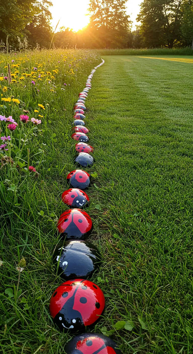 A long, curving line of painted ladybug rocks separating a mown lawn from a wildflower meadow at sunset.