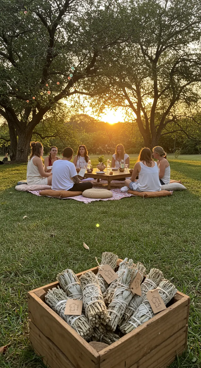 A wooden crate filled with handmade sage bundles tied with string, intended as party favors.
