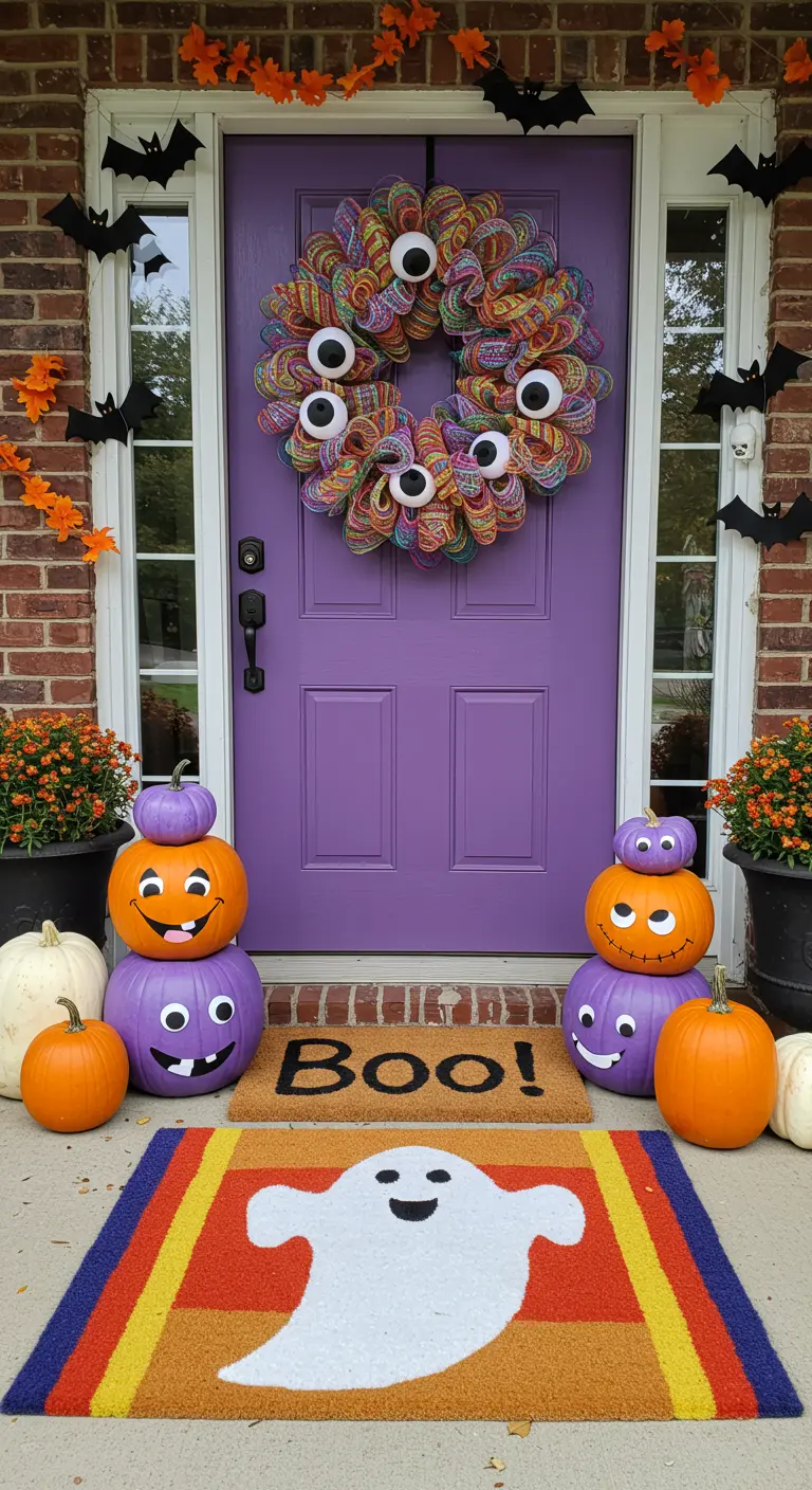 Purple door with a googly-eyed wreath and stacked, painted pumpkins for Halloween.