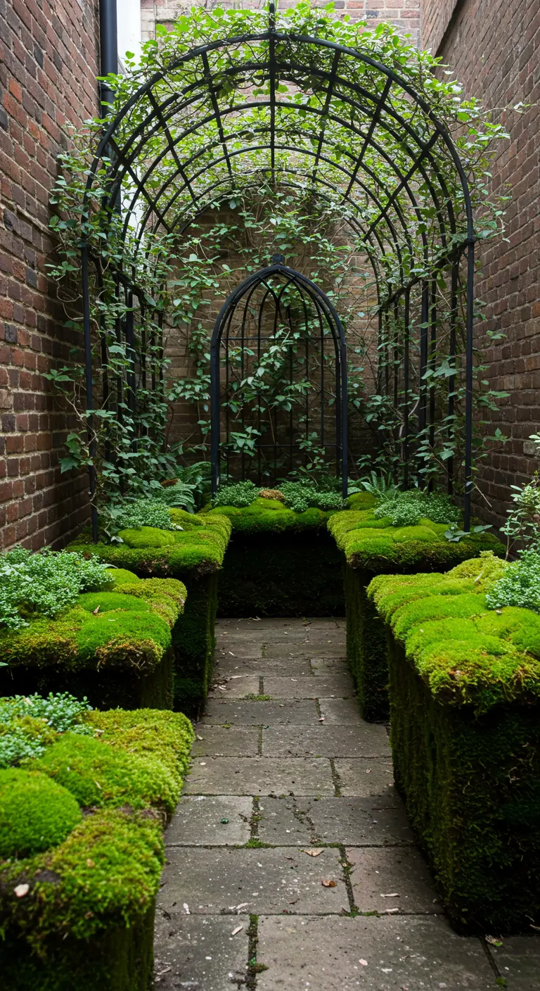 A narrow brick alleyway transformed into a green tunnel with an arched black metal pergola.