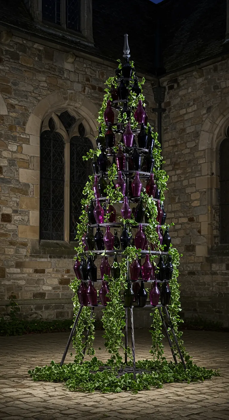 A tall, conical bottle tree with purple and black bottles covered in ivy.