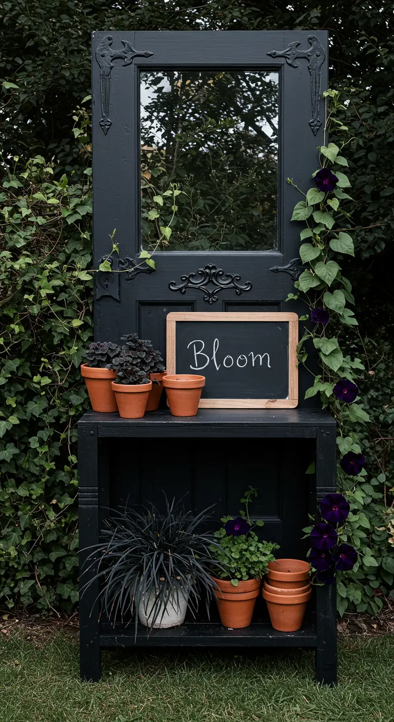 A dramatic black potting station with a mirror, dark plants, and climbing vines.