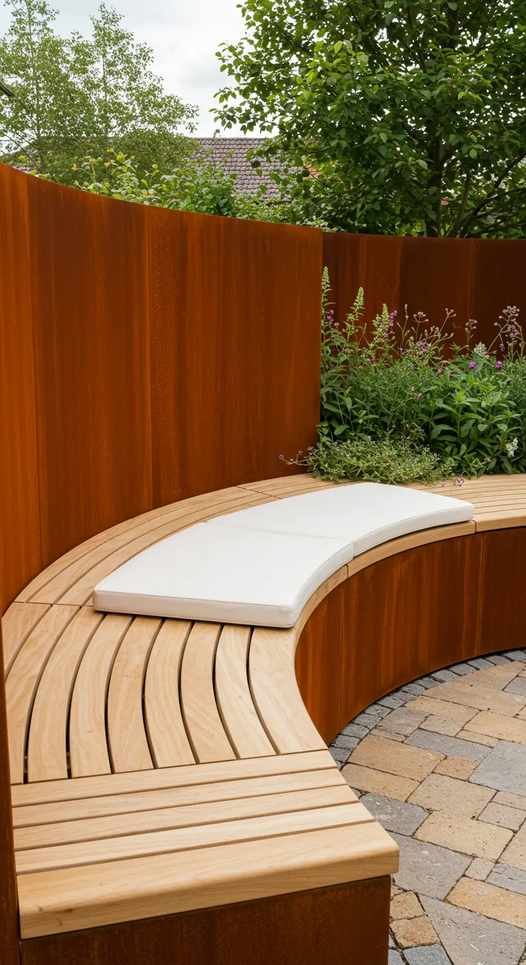 A curved light wood bench with white cushions set against a curved Corten steel wall.