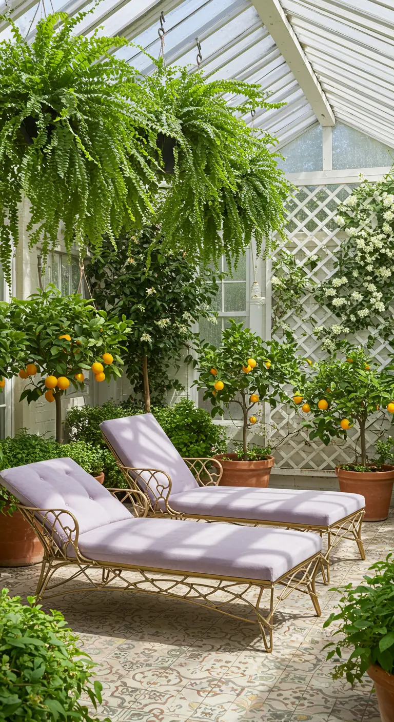 Ornate lavender chaises surrounded by potted citrus trees on a patterned tile floor.