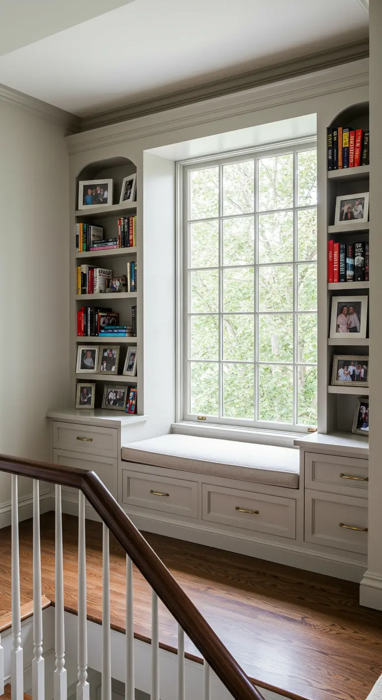 A spacious landing with a window seat flanked by arched grey built-in bookshelves.