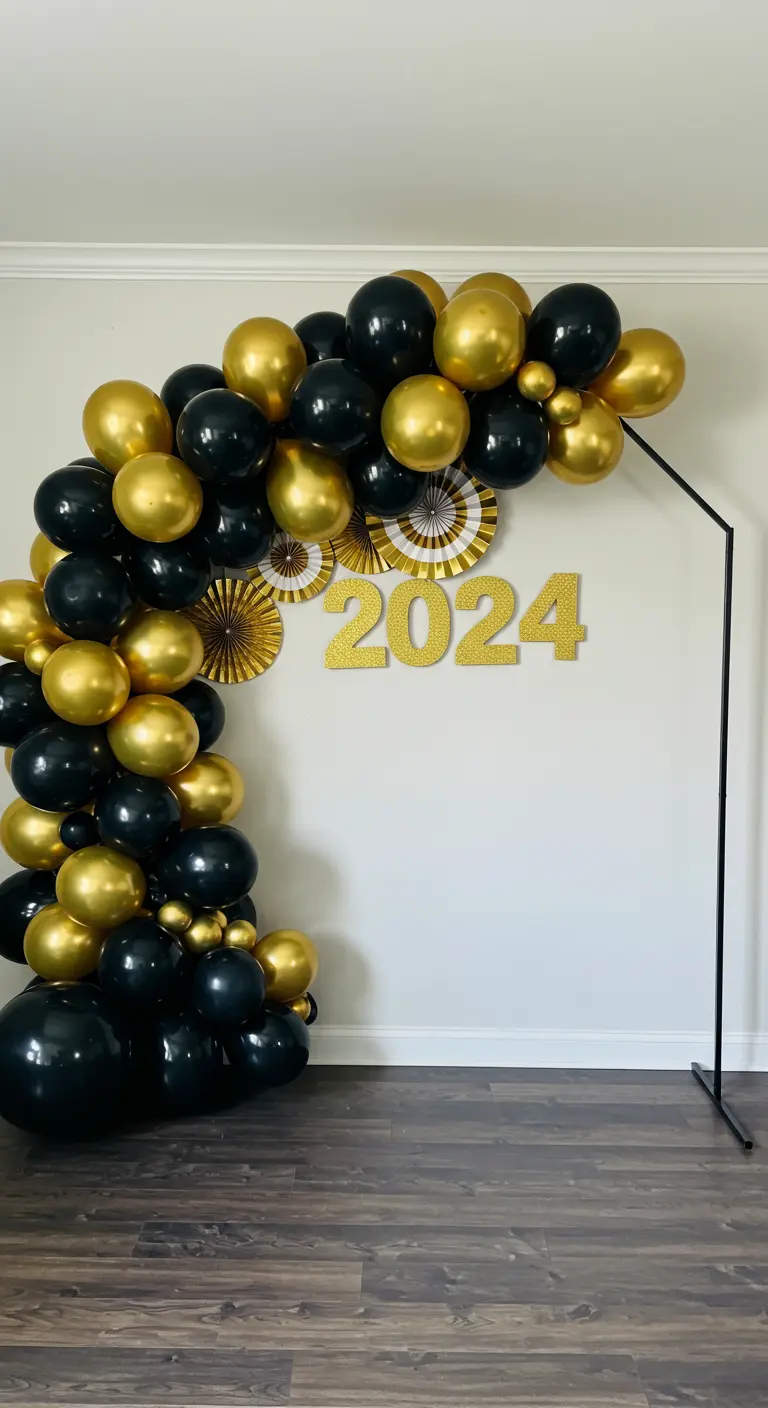 A black and gold balloon arch on a metal frame with '2024' for a graduation party.