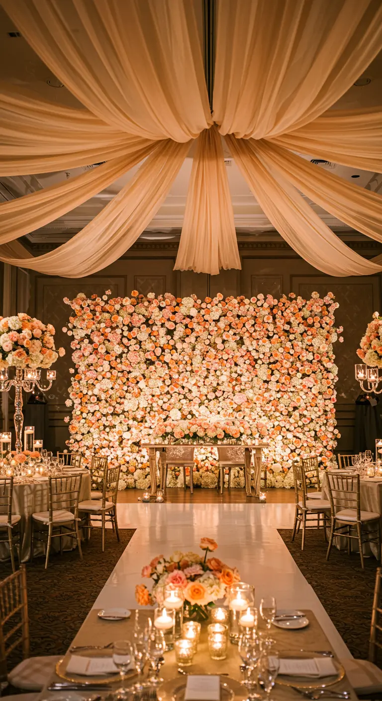 Grand ballroom with a massive peach and white flower wall behind the head table.