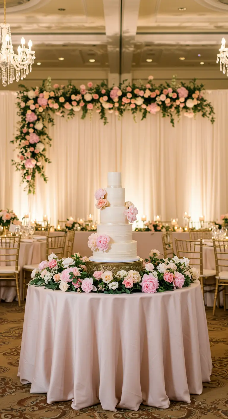 Wedding cake on a blush tablecloth with a pink and white floral garland arch in a ballroom.