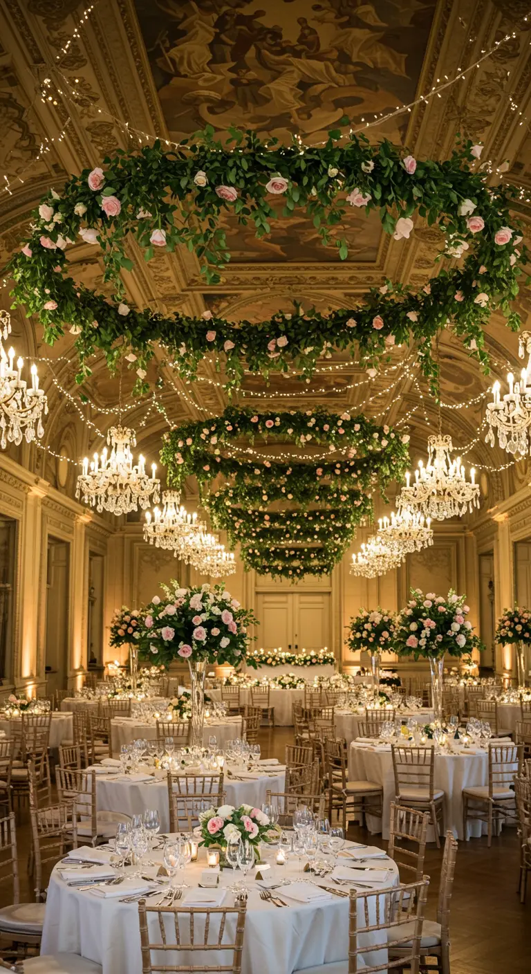Tiered hanging rose wreaths and chandeliers in an opulent gold ballroom.