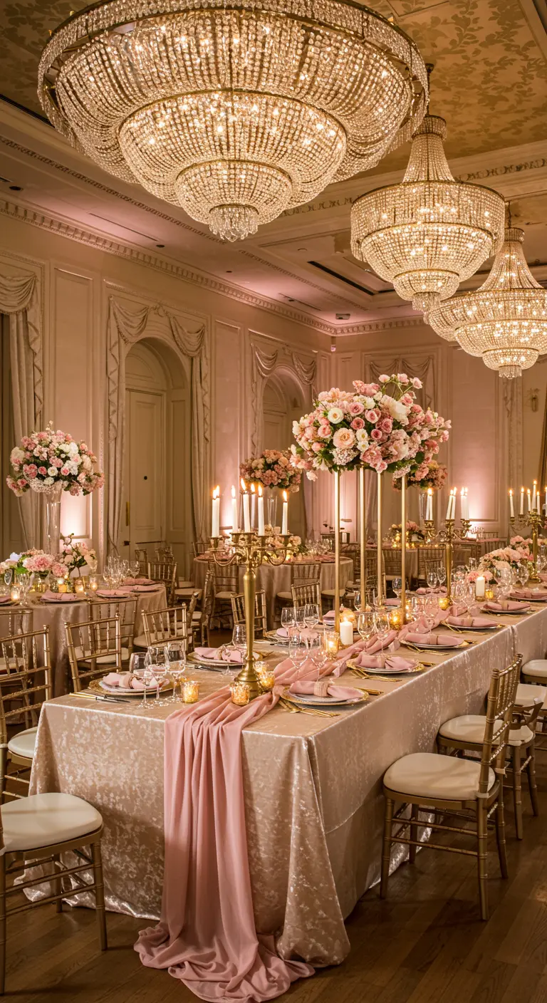 Opulent ballroom with long tables set with pink roses, gold candelabras, and crystal chandeliers.