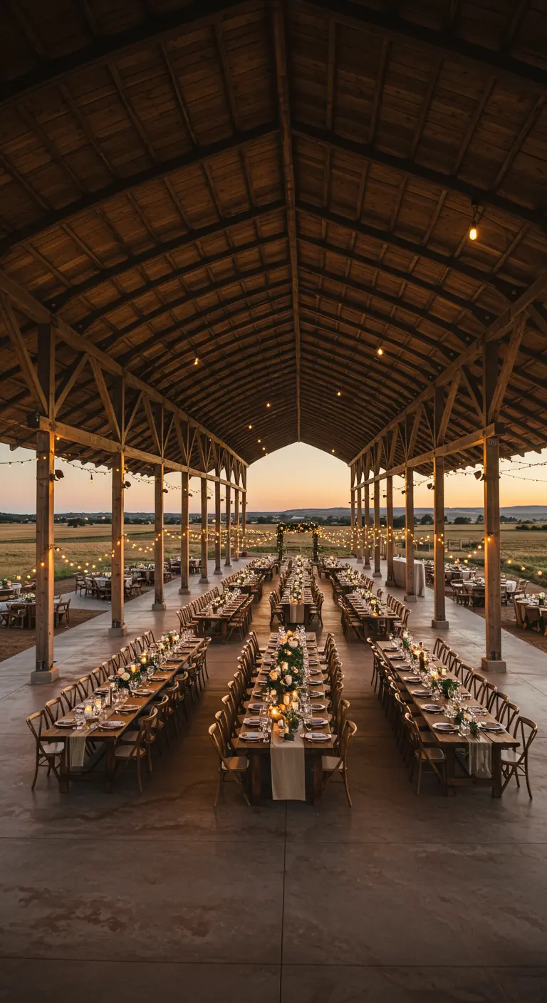 A massive barn interior set for a wedding reception, with long tables under a high, beamed ceiling.