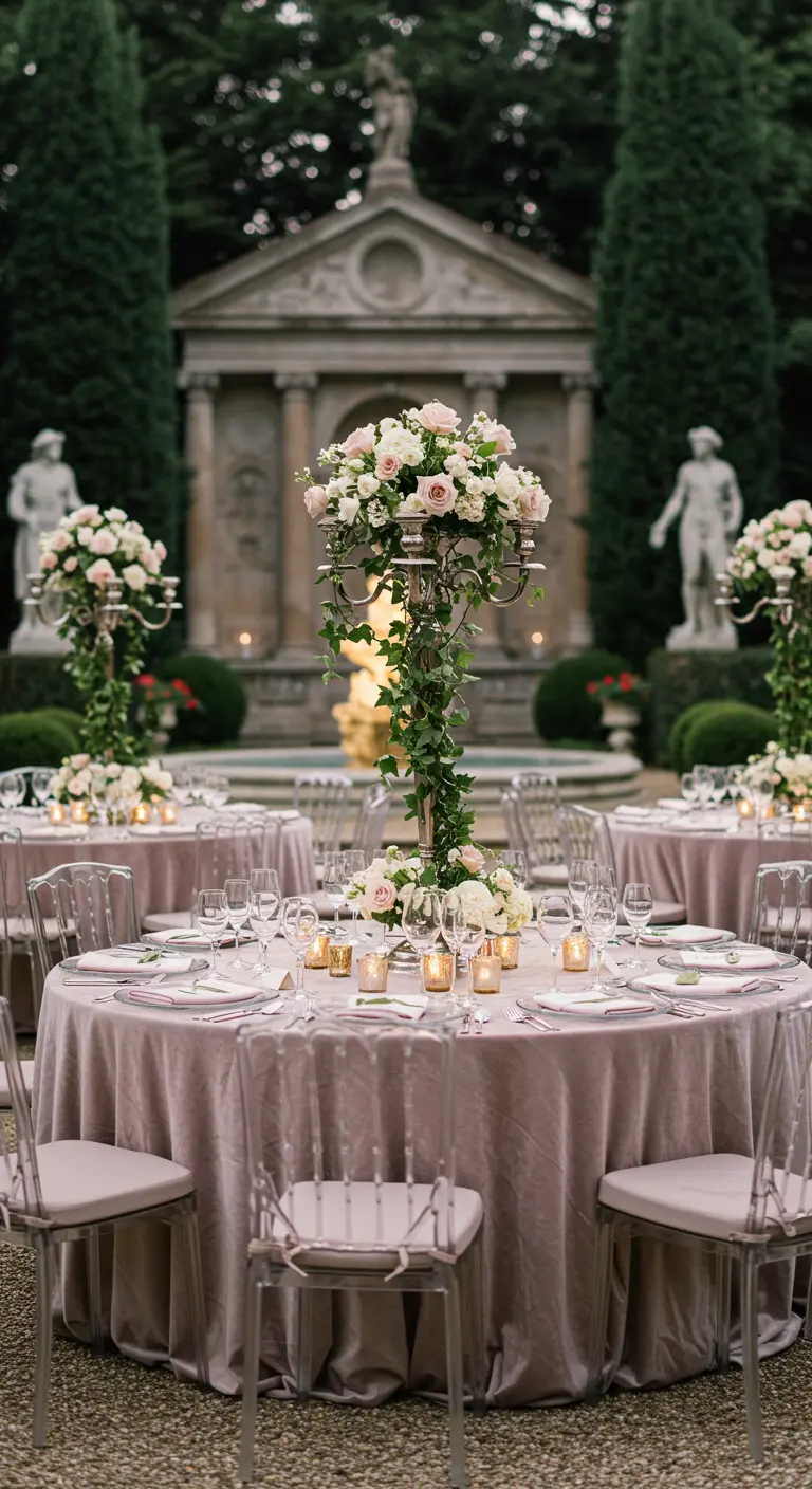 A tall silver candelabra with climbing ivy and a large pink and white rose bouquet on top.