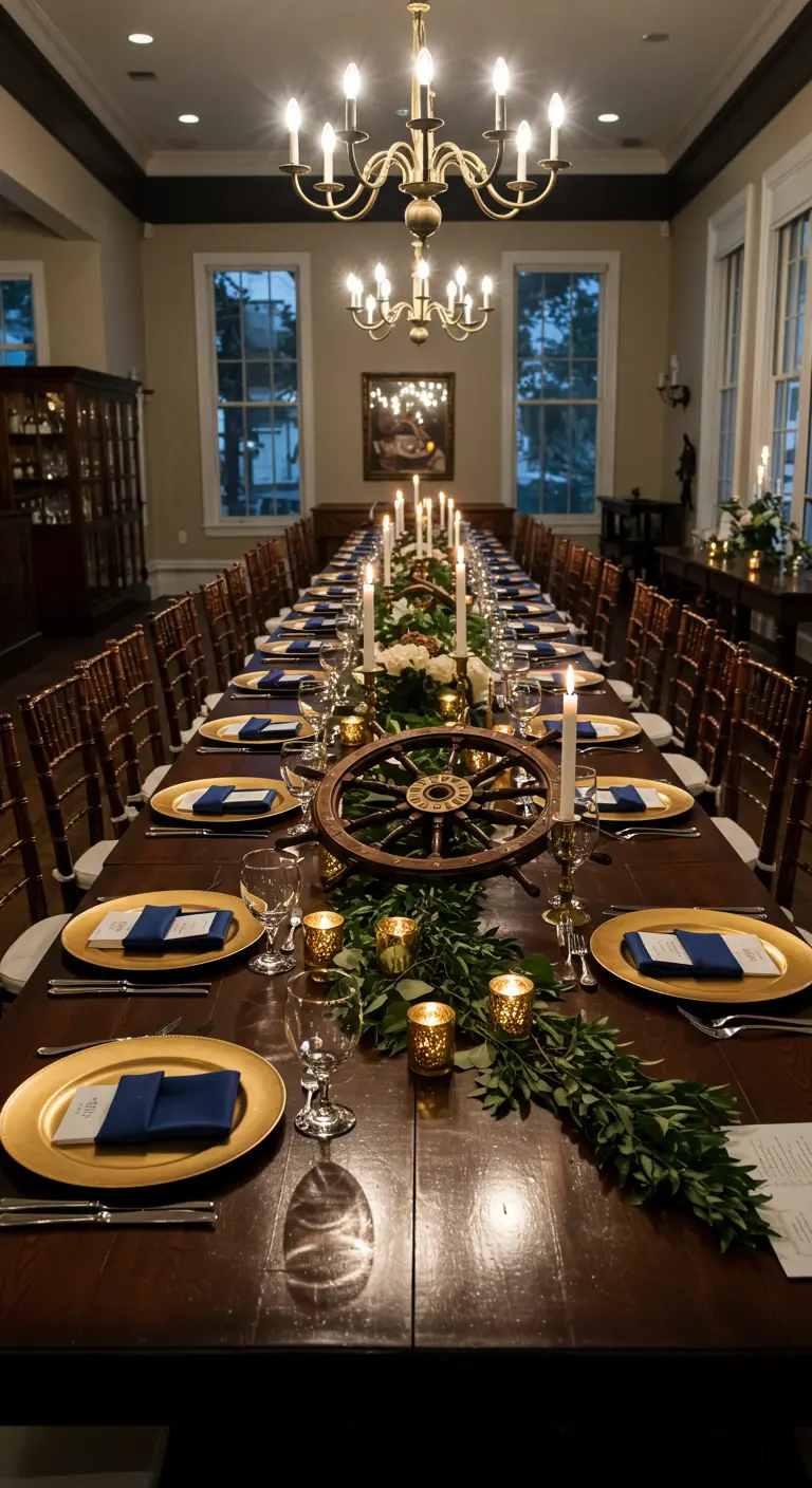 Elegant dining table with a ship's wheel centerpiece, gold chargers, and candles.