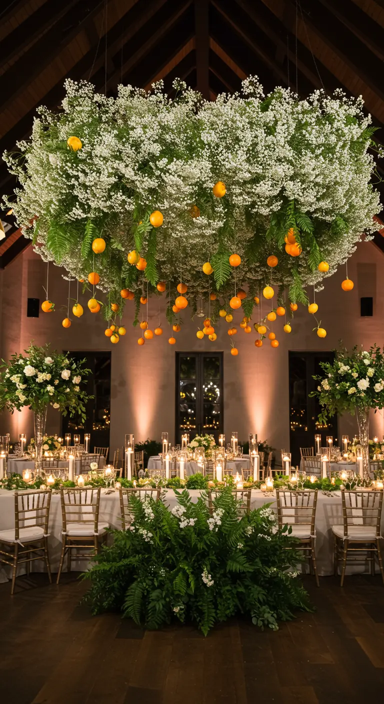 A huge, round hanging floral installation of baby's breath and ferns with oranges dangling below.