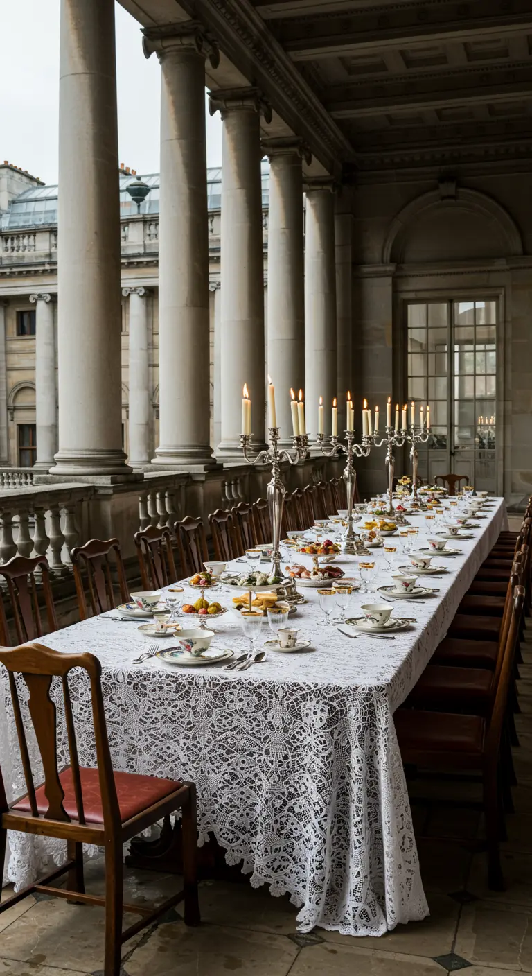 A very long dining table on a grand veranda with columns, set with lace and multiple candelabras.