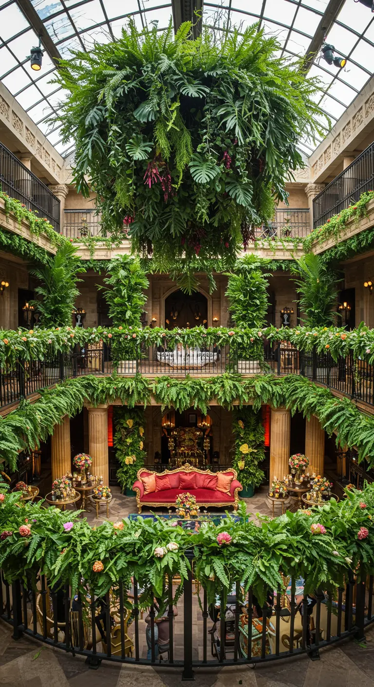 A stunning multi-story atrium decorated lavishly with ferns on every level and a hanging centerpiece.