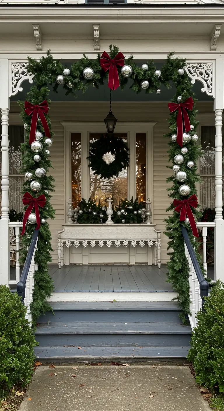 Porch entrance with a garland arch full of silver baubles and dark red velvet bows.