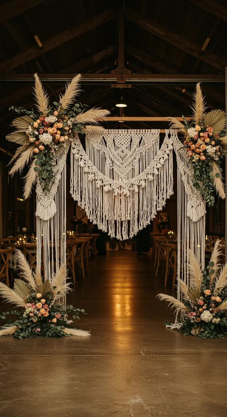 A wooden arch decorated with a large macramé hanging and flanked by pampas grass floral arrangements.