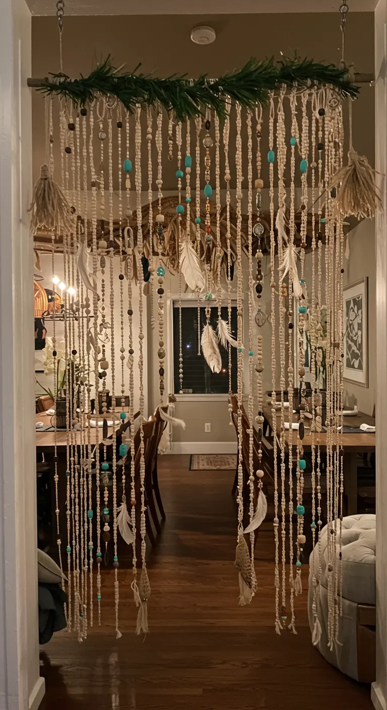 A doorway is decorated with a handmade beaded curtain featuring macramé cord, feathers, and beads.