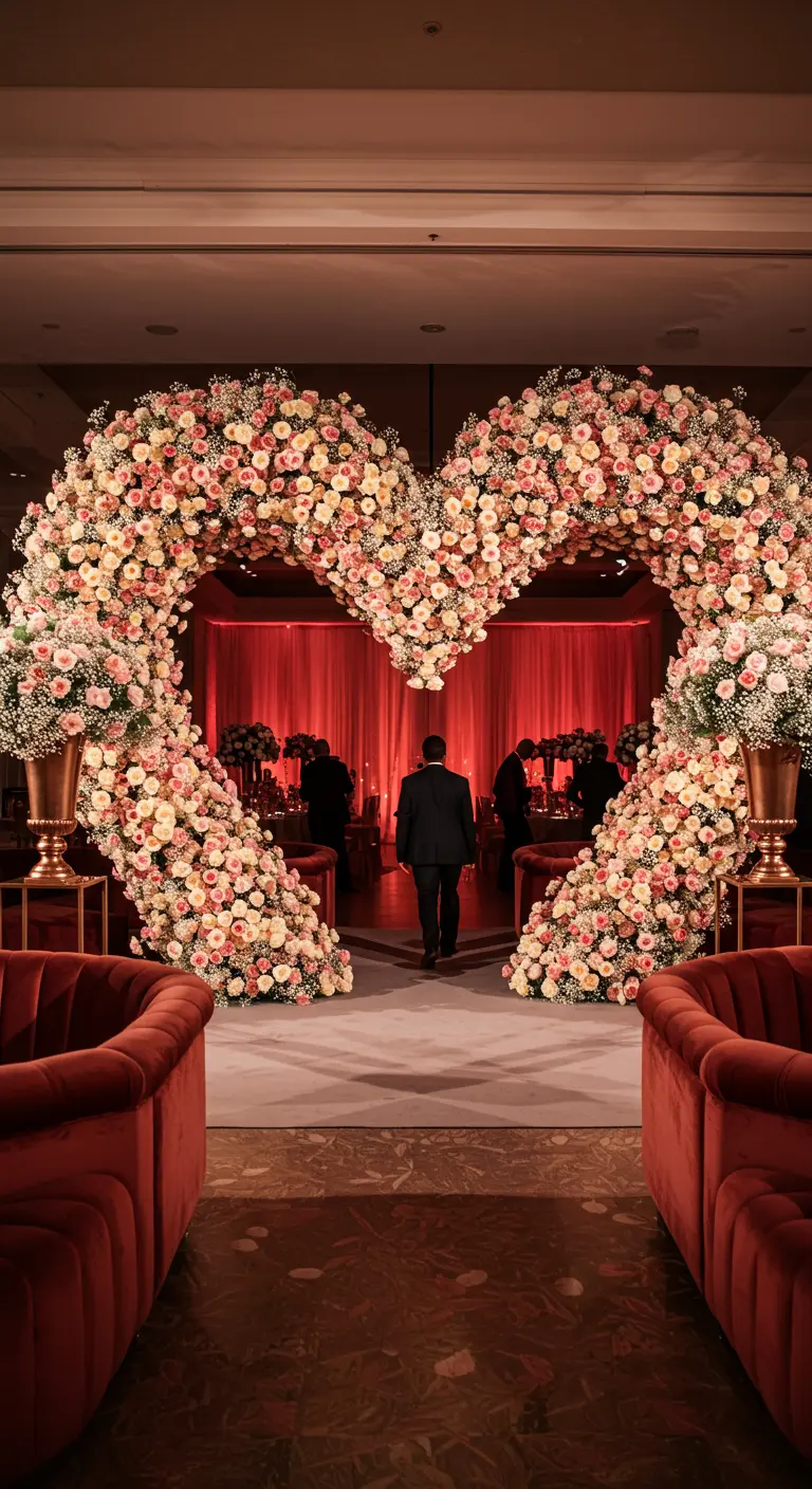 Grand floral heart archway at a romantic event entrance.