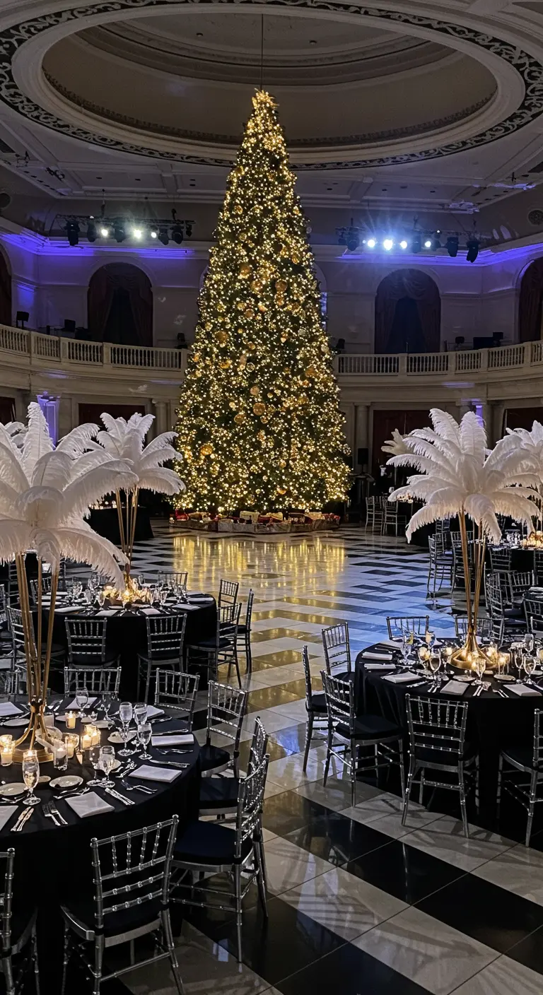 Grand ballroom with a huge Christmas tree and tables set for a gala.