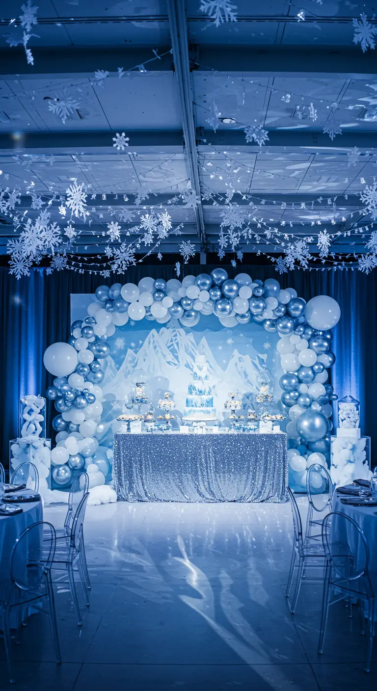 Grand arctic party with blue lighting, a balloon arch, and a sequin dessert table.